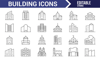 Fototapeta premium Various Building, Skyscraper, and Church Icons Collection
