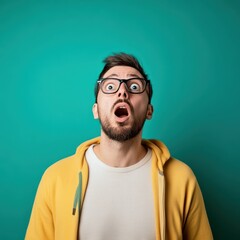 Obraz premium Man in yellow hoodie expresses surprise indoors