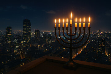 Menorah with lit candles on a roof.
