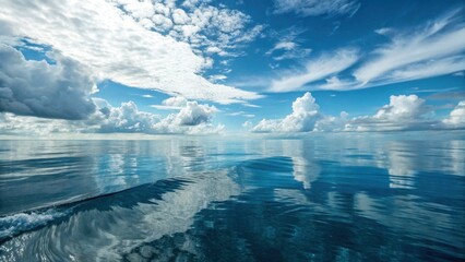 Serene ocean landscape with calm waters and cloudy blue sky  