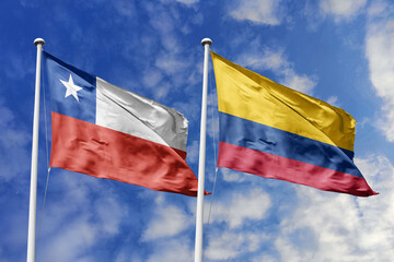 Flags of Chile and Colombia Waving Side-by-Side Against a Vibrant Blue Sky, Symbolizing South...