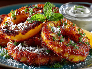 a plate of fried pineapple rings garnished with parsley and coconut flakes, accompanied by two dips: one in a blue bowl and another in a wooden bowl. The plate is set on a woven placemat.