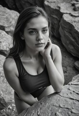 Attractive and sexy woman with big boobs posing in stylish clothes with cleavage, looking pretty and cute