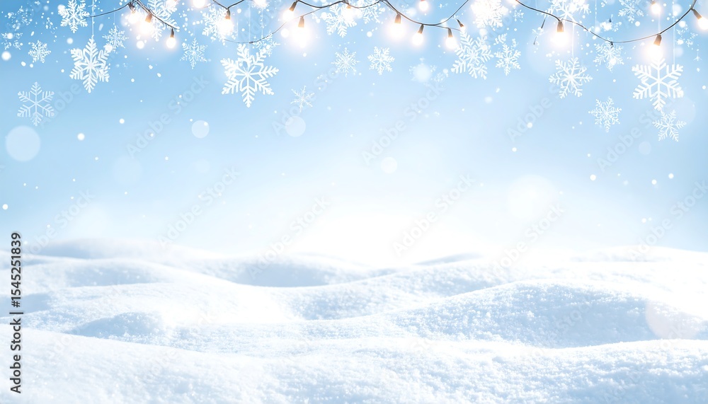 Poster snowy winter scene with snowflake lights.