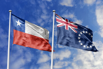 Flags of Chile and the Cook Islands Waving Side-by-Side Against a Bright Blue Sky, Symbolizing...