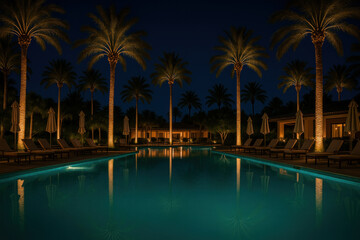 Fototapeta premium Palm trees reflecting in a lit pool.