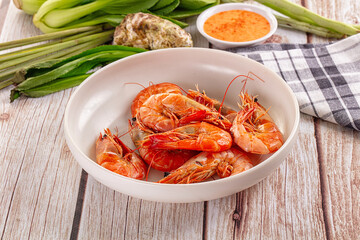 Delicous boiled tiger prawn with sauce