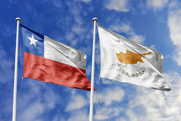 Flags of Chile and Cyprus Waving Proudly Together Against a Dynamic Blue Sky, Symbolizing...