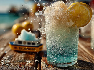 vibrant blue cocktail with a small boat containing a teddy bear figurine floating on top, surrounded by crushed ice and a lemon slice. The drink is served in a clear glass on a wooden surface 