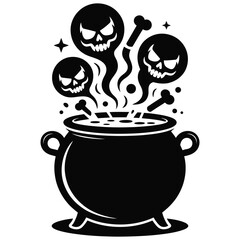 Creepy boiling cauldron silhouette with curling smoke and skull shapes for horror halloween theme concept