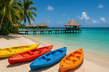 colorful kayaks on beach with hut in background.