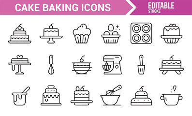 Icon Set of Baking Tools, Cakes, and Cupcakes