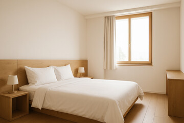 Bed by a sunny window in a cozy bedroom.