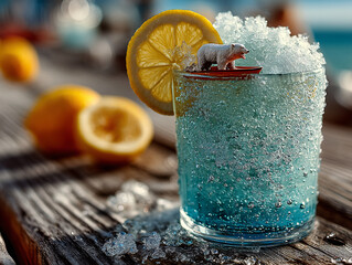 vibrant blue cocktail with a small boat containing a teddy bear figurine floating on top, surrounded by crushed ice and a lemon slice. The drink is served in a clear glass on a wooden surface 