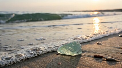 Sea glass on sandy beach with waves and sunset reflection