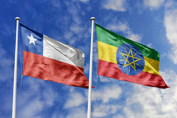 Flags of Chile and Ethiopia Waving Proudly Together Against a Dynamic Blue Sky, Symbolizing...