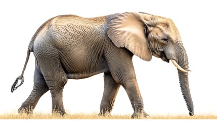 Fototapeta premium Massive African elephant with detailed skin and visible tusks strides across yellow grass