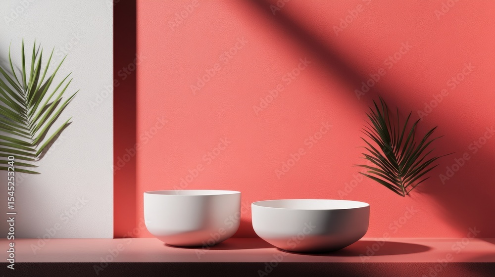 Poster minimal still life with white cups and palm shadows on red background for design photography brandin