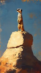 Meerkat standing attentively on a tall rock formation surveys the distant horizon cautiously