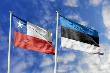 Flags of Chile and Estonia Waving Gracefully Against a Clear Blue Sky, Symbolizing Strong...