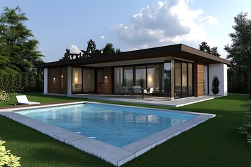 Modern home with a swimming pool and wooden exterior shows serene daytime scenery