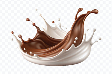 abstract 3d smooth liquid chocolate with white milk splash in crown style isolated on transparent background	
