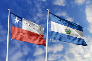 Flags of Chile and El Salvador Waving Together Against a Dynamic Blue Sky, Symbolizing Bilateral...