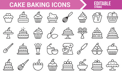 Set of Cake Baking Tools, Cupcakes, and Pastry Icons
