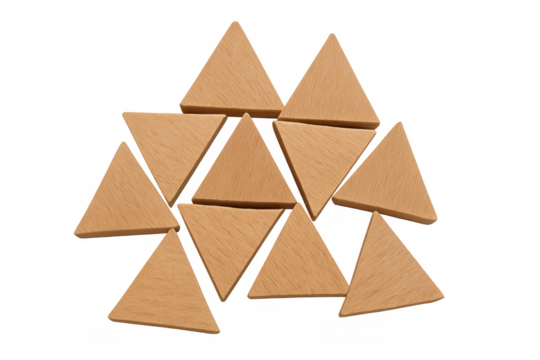 Multiple light brown wooden triangles are arranged randomly, creating an abstract pattern on a transparent background, ideal for educational or design projects