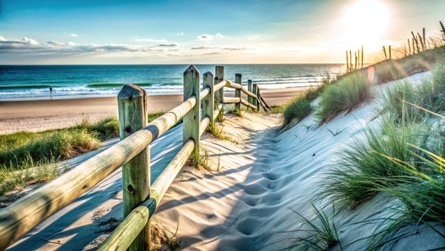 Scenic pathway through sand dunes leading to the beach at sunset  