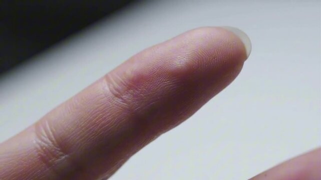 Close-up of a human finger with subtle subdermal chip movement, sci-fi style