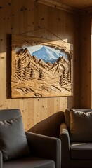 Detailed wood carving of a mountain landscape with snowcapped peaks and evergreen trees