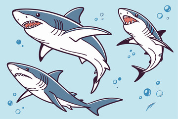 Naklejka premium Vector Set of Great White Sharks in Swimming Poses