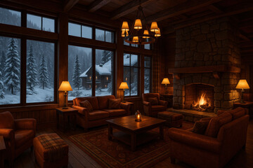 Couch in front of fireplace.