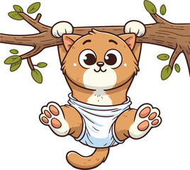 Playful Kitten on Branch: A charming illustration of a kitten hanging from a tree branch, radiating a sense of playful innocence, ready to captivate hearts with its adorable charm.