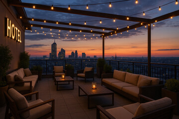 String lights hanging over a rooftop with patio furniture.