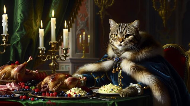 Elegant Tabby Cat in Blue Velvet Doublet at Lavish Dinner Surrounded by Candlelight and Rich Cuisine with Ornate Golden Details and Classic Renaissance Inspired Decoration