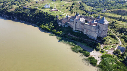 View of the Khotyn Fortress near the Dniester River. High walls and towers of the castle. Ukraine. Europe