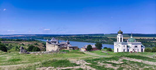 View of the Khotyn Fortress and Alexander Nevsky Church. High walls and towers of the castle. Ukraine. Europe