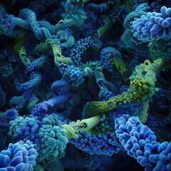 A detailed close up image showcasing a vibrant blue and green coral reef