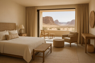 Bed next to chair in bedroom.