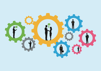Teamwork and Collaboration Concept with Gears, People, and Interconnected Components - Business Partnership Illustration