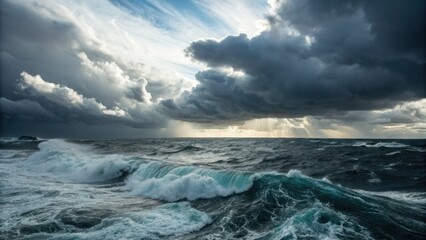 Stormy ocean waves under dramatic clouds and sunlight breaking through  