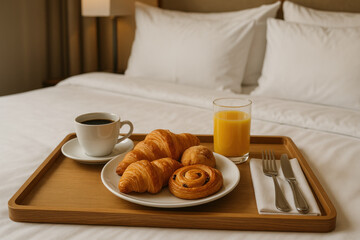 Croissant on breakfast tray with coffee.