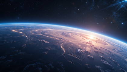 Majestic view of Earth from space showcasing glowing atmosphere and swirling clouds during sunrise
