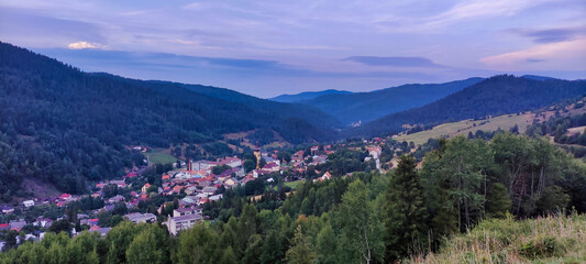 View of the village Smolník near Kosice. Houses and a church in a mountain valley. Slovakia. Europe