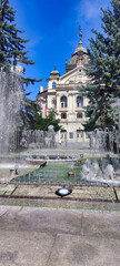 View of the facade of the National Theatre Košice and fountains. Slovakia. Europe