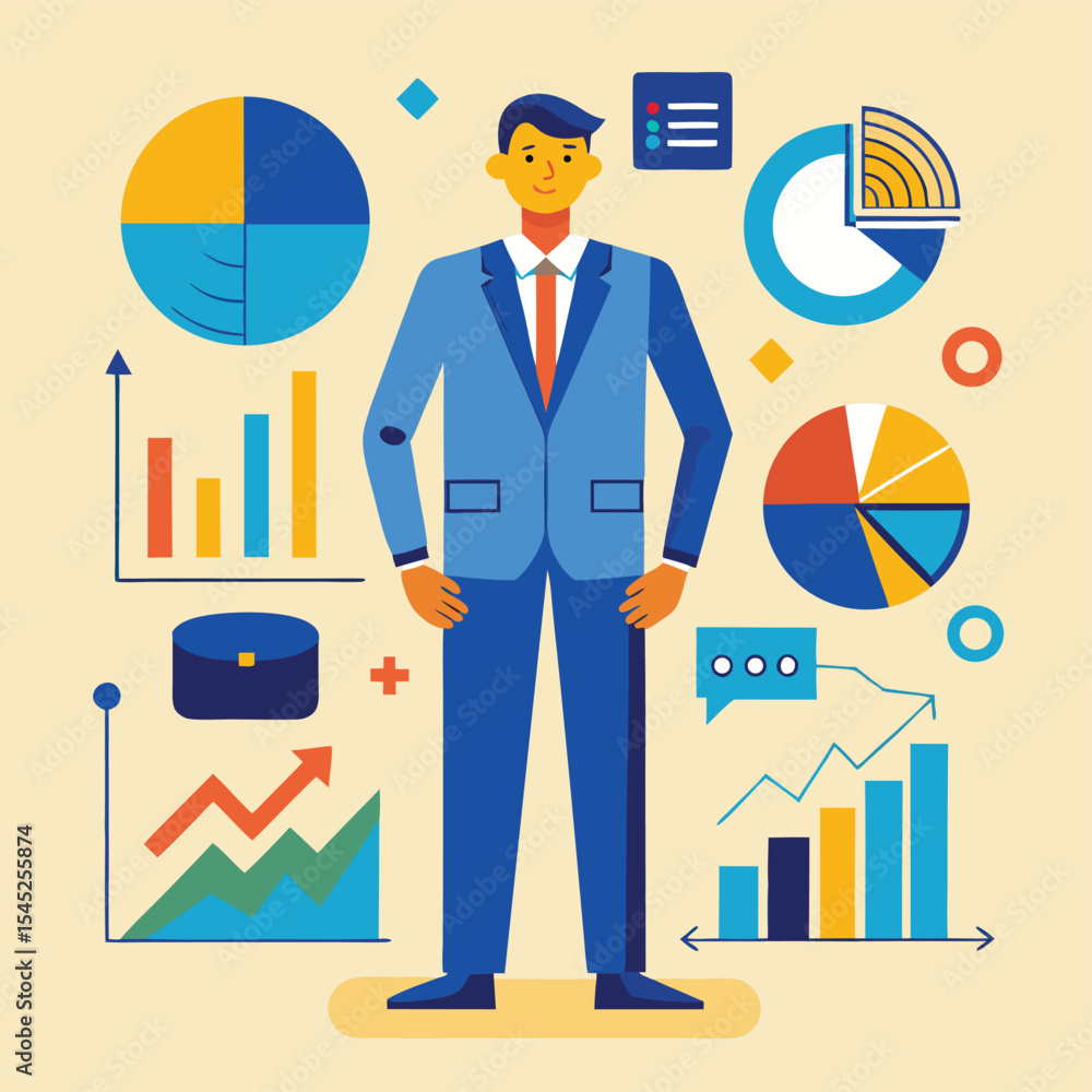 Poster data analysis businessman with charts and graphs vector illustration