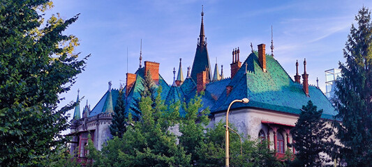 Jakabov palác (Jakab's palace) in Kosice. Towers on top of a building. View of the historic building in the center. Slovakia. Europe