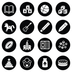Illustrated black and white icon set featuring childrens toys education and entertainment